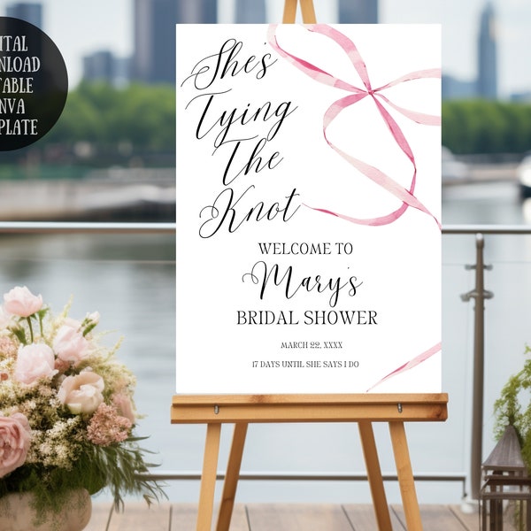 She’s Tying the Knot Themed Bridal Shower, Customizable Canva Template, Editable Bow Welcome Sign for Bridal Shower, Custom Welcome Sign