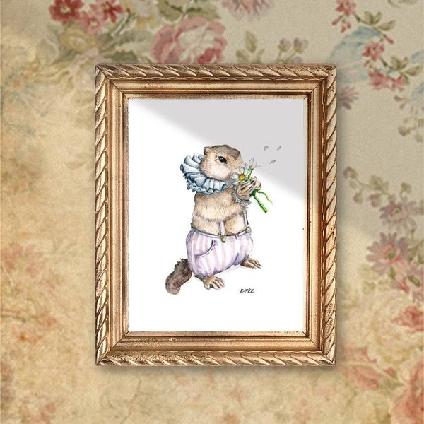 Carte marmotte Marmotte féerique avec marguerite, offrir, encadrer, décoration, thème merveilleux et beatrix Potter, aquarelle, impression