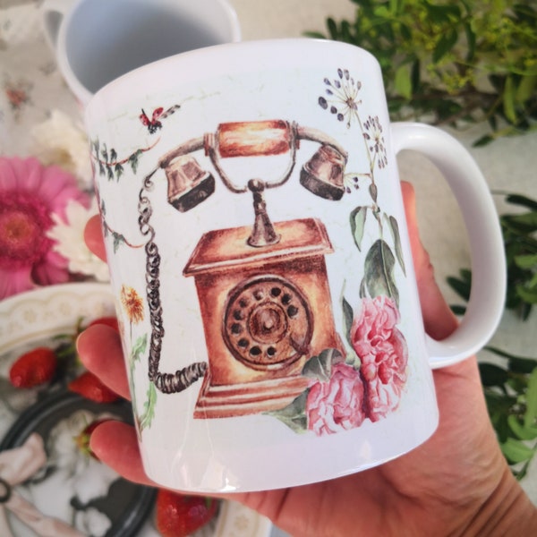 Mug vintage téléphone, mug fleuri, mug printemps, mug à message, musique, mug aquarelles, illustrations