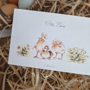 Könnte beinhalten: Eine rechteckige weiße Karte mit einer Aquarellillustration von drei kleinen Entenküken und zwei Blumensträußen. Der Text Petits Bisous ist in Schreibschrift darüber gedruckt, und E-NEE Création steht unten in der Mitte der Karte.