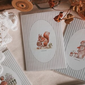 carte cottage, carte cadeaux, sticker, transfert, carte personnalisée, personnalisation, carte naissance, carte écureuil