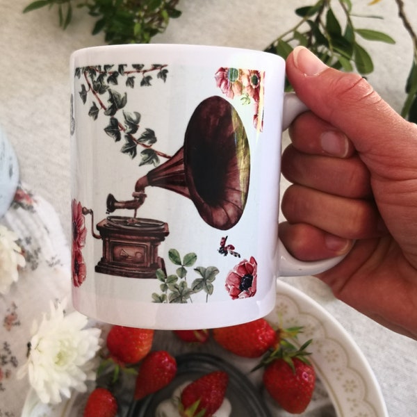 Mug vintage gramophone, mug fleuri, mug printemps, mug à message, musique, mug aquarelles, illustrations