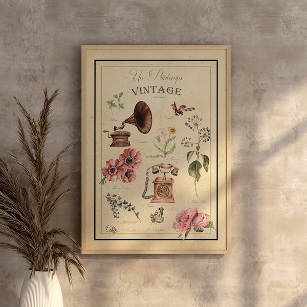 Affiche impression aquarelle vintage, illustration herbier, printemps, rétro, shabby, fleuri, nature, poétique, herbier