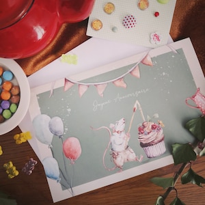 Carte anniversaire enfant, souris, fête, gâteau, cupcake et ballons, aquarelle impressions
