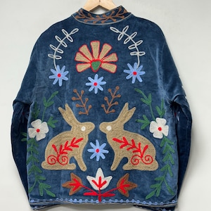 Hand Made Velvet Jacket Women Boho Folk Art Rabbit Embroidery Coat Floral Velvet Jacket Festival Wear Artisan Statement Jacket Gift For Her