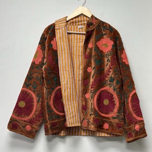 Velvet Suzani Jacket Floral Embroidery Coat Bohemian Ethnic Outerwear Artisan Handmade Women Jackets Gift