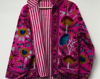 Handmade Pink Velvet Floral Embroidered Suzani  Jacket | Artisan Boho Cotton Lined Jacket | Indian Handmade Statement Jacket Gift For Her