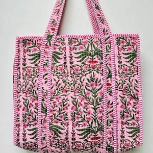 Hand Block Printed Quilted Cotton Tote Bag | Handmade Jaipur Shoulder Bag | Boho Eco Friendly Reusable Shopping Bag | Christmas Gifts, Party