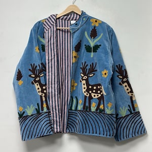 Velvet Suzani Jacket for Women Handmade Deer Embroidered Jacket Boho Floral Coat Statement Festival Wear Artisan Fashion Outwear For Her