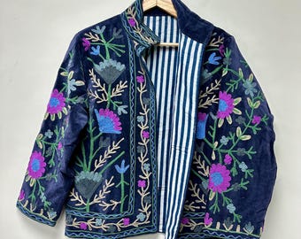 Hand Made Velvet Suzani Jacket, Handmade Short Jacket, Uzbek Embroidery Jacket, Women's Overcoat