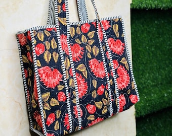 Handmade Quilted Cotton Tote Bag: Floral Print Travel Shoulder Bag