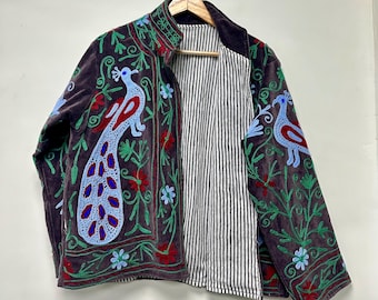 Handmade Suzani Embroidered Velvet Jacket  Hand Embroidered Peacock Theme Coat Peacock Floral Ethnic Outerwear Festival Wear | Gift For Her