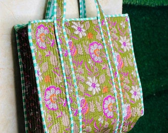 Block Print gesteppte Einkaufstasche, handgefertigte gesteppte Tasche weiche indische Baumwolle Einkaufstasche, Reisetasche, Schultertasche, große Einkaufstasche Umweltfreundliche Tasche