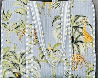 Handmade Jungle Tote Bag: Block Print Quilted Cotton Shopper