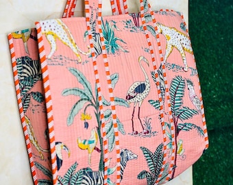 Handmade Quilted Cotton Tote Bag: Floral Print Travel Shoulder Bag