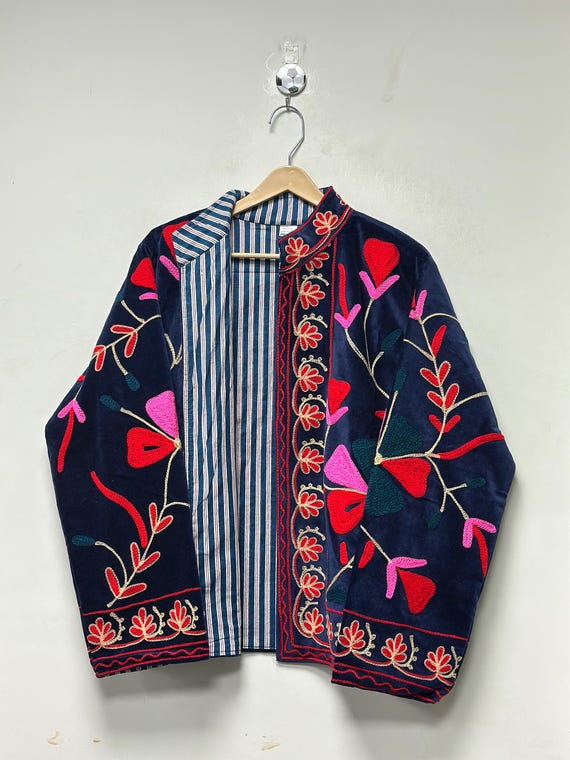Velvet Suzani Jacket Handmade Floral Embroidered Boho Coat For Women Vintage Suzani Jacket Traditional Hand Work Short Coat Gift For Her
