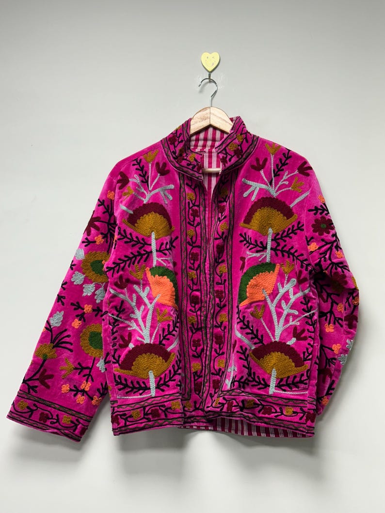 Floral Embroidered Velvet Suzani Jacket Handmade Indian Style Coat Velvet Suzani Jacket Boho Floral Duster Jacket For Women Jacket image 2