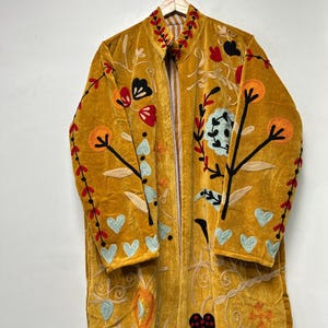 Velvet Suzani Embroidered Long Jacket, Motif Long Boho Coat, Handmade Folk Art Statement Wear, Velvet Long Coat Big size Gift For Women