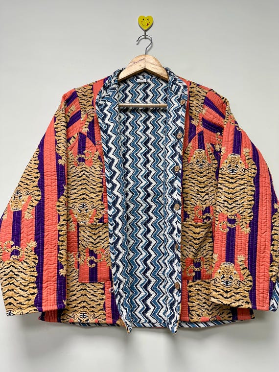 Handmade Reversible Quilted Cotton Jacket, Tiger Print Boho Coat