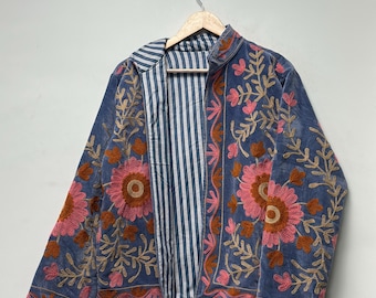Floral Embroidered Velvet Suzani Jacket: Handmade Indian Style Coat Velvet Suzani Jacket | Boho Floral Duster Coat