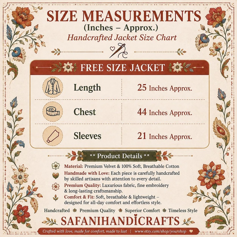 K&ouml;nnte beinhalten: Eine Gr&ouml;&szlig;entabelle f&uuml;r eine Jacke mit Blumenbord&uuml;ren. Sie listet eine L&auml;nge von 25 Zoll, einen Brustumfang von 44 Zoll und &Auml;rmel von 21 Zoll auf. Der Text enth&auml;lt Produktdetails zu Samt- und Baumwollmaterialien sowie den Markennamen SAFANIHANDICRAFTS.