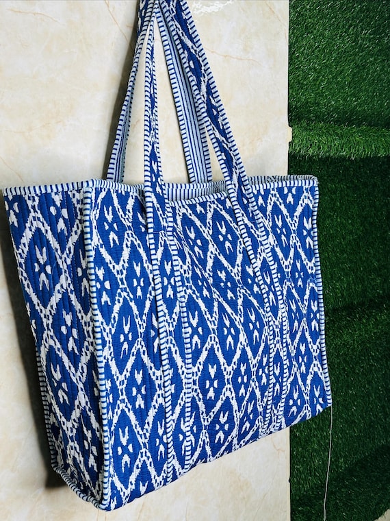 Blue Print Quilted Tote Bag, Handmade Quilted Bag Soft