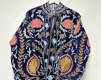 Blue Velvet Suzani Jacket Floral Embroidery Coat Bohemian Ethnic Outerwear Handmade Indian Style Coat Artisan Handmade Jacket
