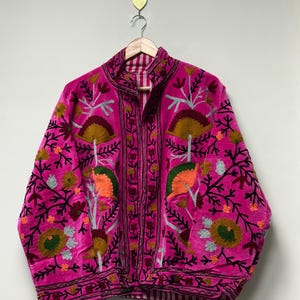 Floral Embroidered Velvet Suzani Jacket Handmade Indian Style Coat Velvet Suzani Jacket Boho Floral Duster Jacket For Women Jacket image 3