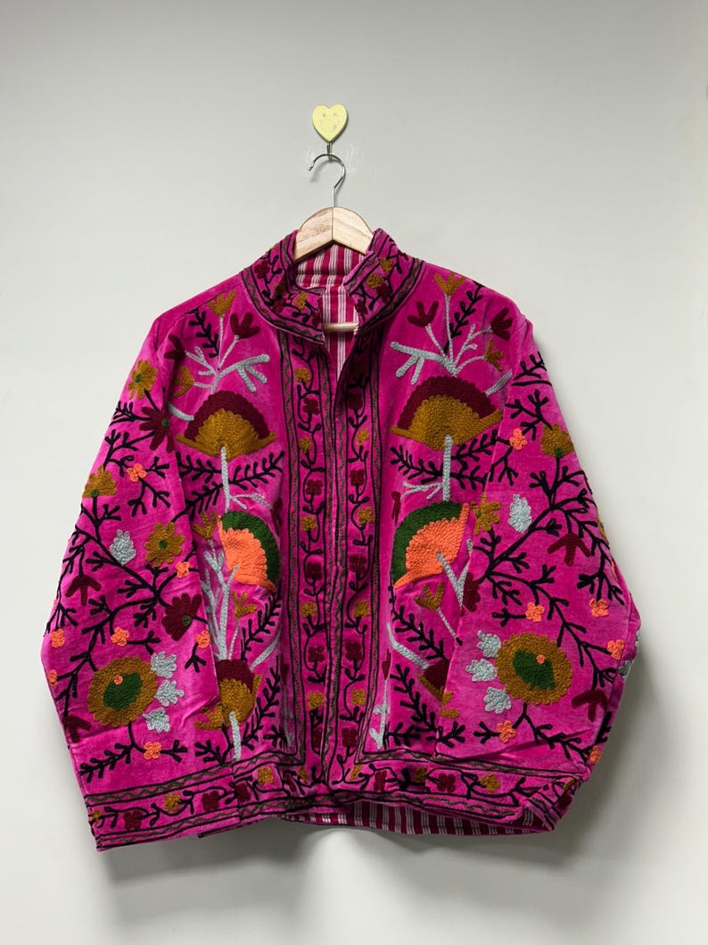 Floral Embroidered Velvet Suzani Jacket Handmade Indian Style Coat Velvet Suzani Jacket Boho Floral Duster Jacket For Women Jacket image 3