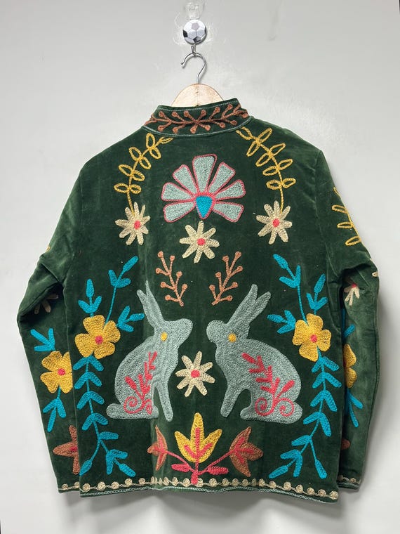 Handcrafted Boho Bunny Jacket Velvet Suzani Coat Rabbit Motif Folk Art Jacket Women Outerwear Artisan Made Traditional Embroidered Jacket