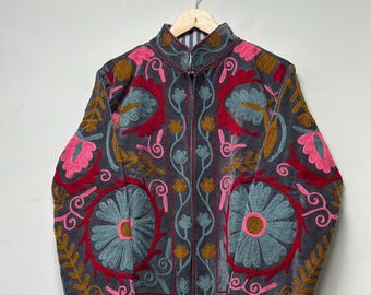 Floral Embroidered Velvet Suzani Jacket: Handmade Indian Style Coat Velvet Suzani Jacket | Boho Floral Duster Coat