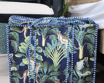 Jungle Print Quilted Cotton Tote Bag: Handmade Travel Shoulder Bag