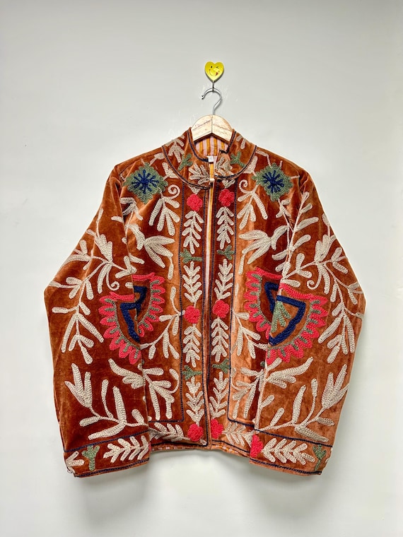 Handmade Velvet Suzani Jacket Women’s Winter Coat Traditional Embroidered Bohemian Outerwear Short Coat Christmas Gift