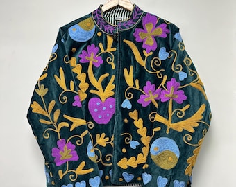 Handmade Velvet Suzani Jacket Embroidered Jacket Bohemian Winter Coat Indian Boho Coat Embroidered Floral Coat Christmas Gift