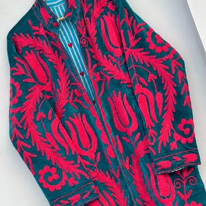 Embroidered Velvet Long Coat: Multicolor Floral Boho Statement Jacket