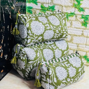 Hand Block Print Toiletry Bag Set: Quilted Cotton, Waterproof Lining