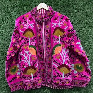 Floral Embroidered Velvet Suzani Jacket Handmade Indian Style Coat Velvet Suzani Jacket Boho Floral Duster Jacket For Women Jacket image 4