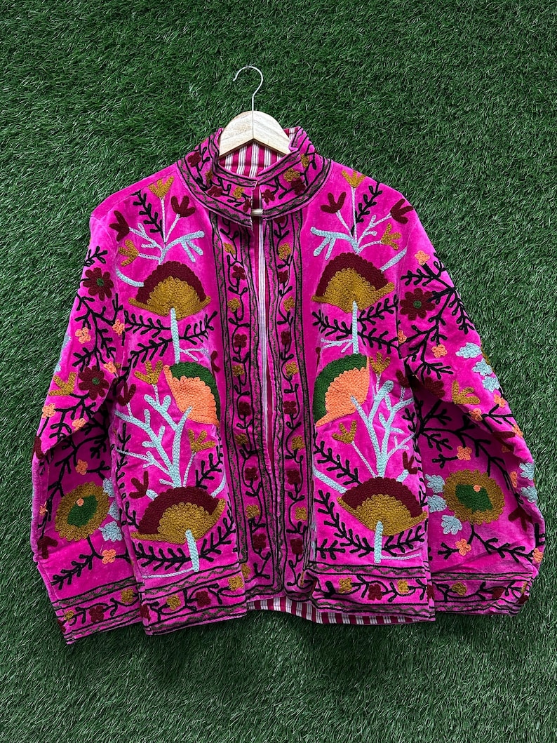 Floral Embroidered Velvet Suzani Jacket Handmade Indian Style Coat Velvet Suzani Jacket Boho Floral Duster Jacket For Women Jacket image 4
