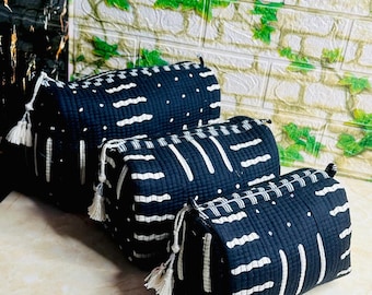 Hand Block Print Toiletry Bag Set: Quilted Cotton, Waterproof Lining