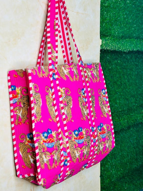 Indien Rose Tigre Imprimé Matelassé Épaule Sac Femmes Plage Coton Main