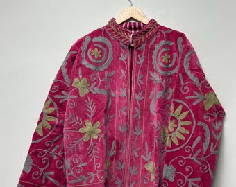 Handcrafted Pink Velvet Suzani Jacket Floral Embroidery Coat Bohemian Ethnic Outerwear Artisan Handmade Jackets For Womens