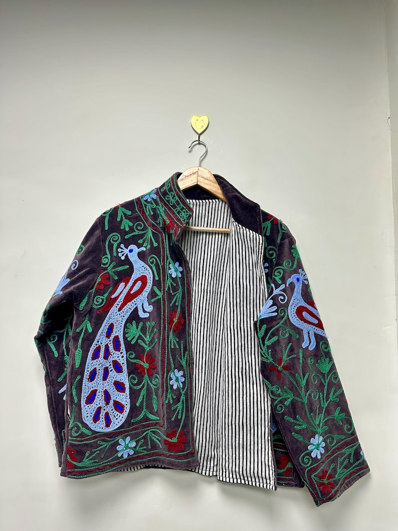 Handmade Suzani Embroidered Velvet Jacket Hand Embroidered Peacock Theme Coat Peacock Floral Ethnic Outerwear Festival Wear | Gift For Her image 1