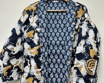 Handmade Block Print Quilted Cotton Jacket: Reversible Jacket  Button Closer Jacket For woman