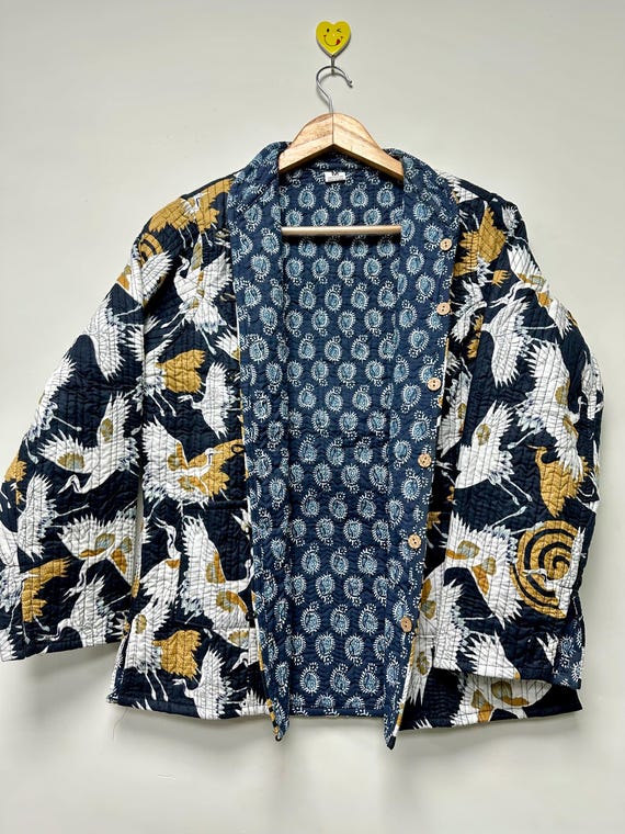 Handmade Block Print Quilted Cotton Jacket: Reversible Jacket  Button Closer Jacket For woman