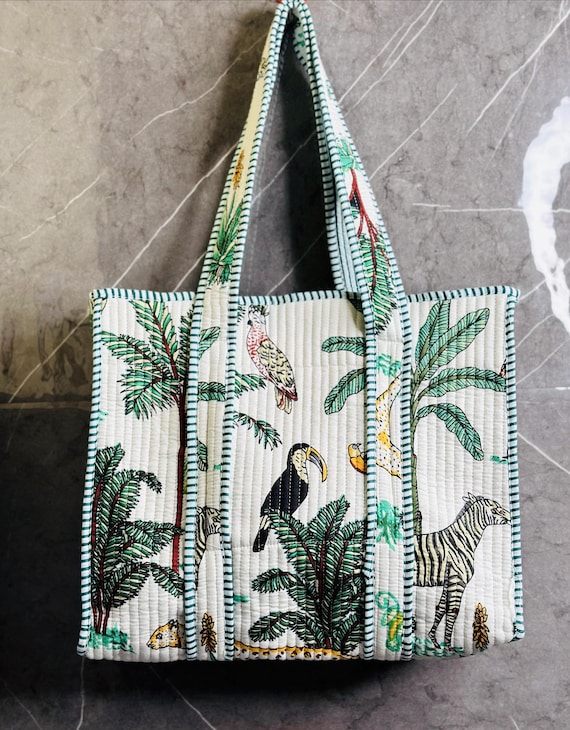 Medium Size Jungle Print Quilted Tote Bag Handmade Quilted Bag Soft Indian Cotton Tote Bag Travel Bag Shoulder Bag Medium Tote Bag Etsy Ireland