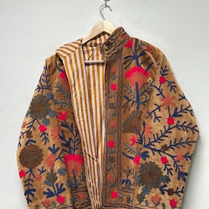 Velvet Suzani Jacket Boho Floral Coat Hand Embroidered Women's Short Velvet Jacket Ethnic Outerwear Coat Gift for her