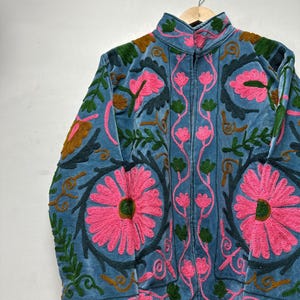 Suzani Embroidery Handmade Jacket, Velvet Suzani Jacket, Winter Wear Jacket Coat, Womens Coat, Robe, Gift For Her image 3