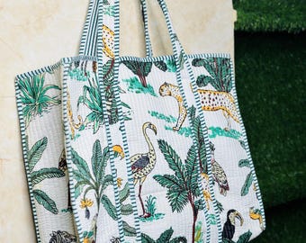 Handmade Jungle Print Quilted Cotton Tote Bag: Travel Shoulder Bag