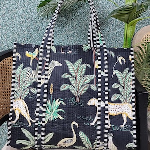 Dschungel-Druck gesteppte Einkaufstasche, handgemachte gesteppte Einkaufstasche weiche Baumwolleinkaufstasche, Reisetasche, Schultertasche, große Einkaufstasche Tragetaschen Geschenktaschen