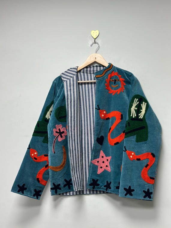 Hand Made Embroidery Velvet Suzani Jacket, Snack Embroidery Jacket, Pure Velvet Jacket,  Boho Hippie Jacket One size fits All Womens Jacket